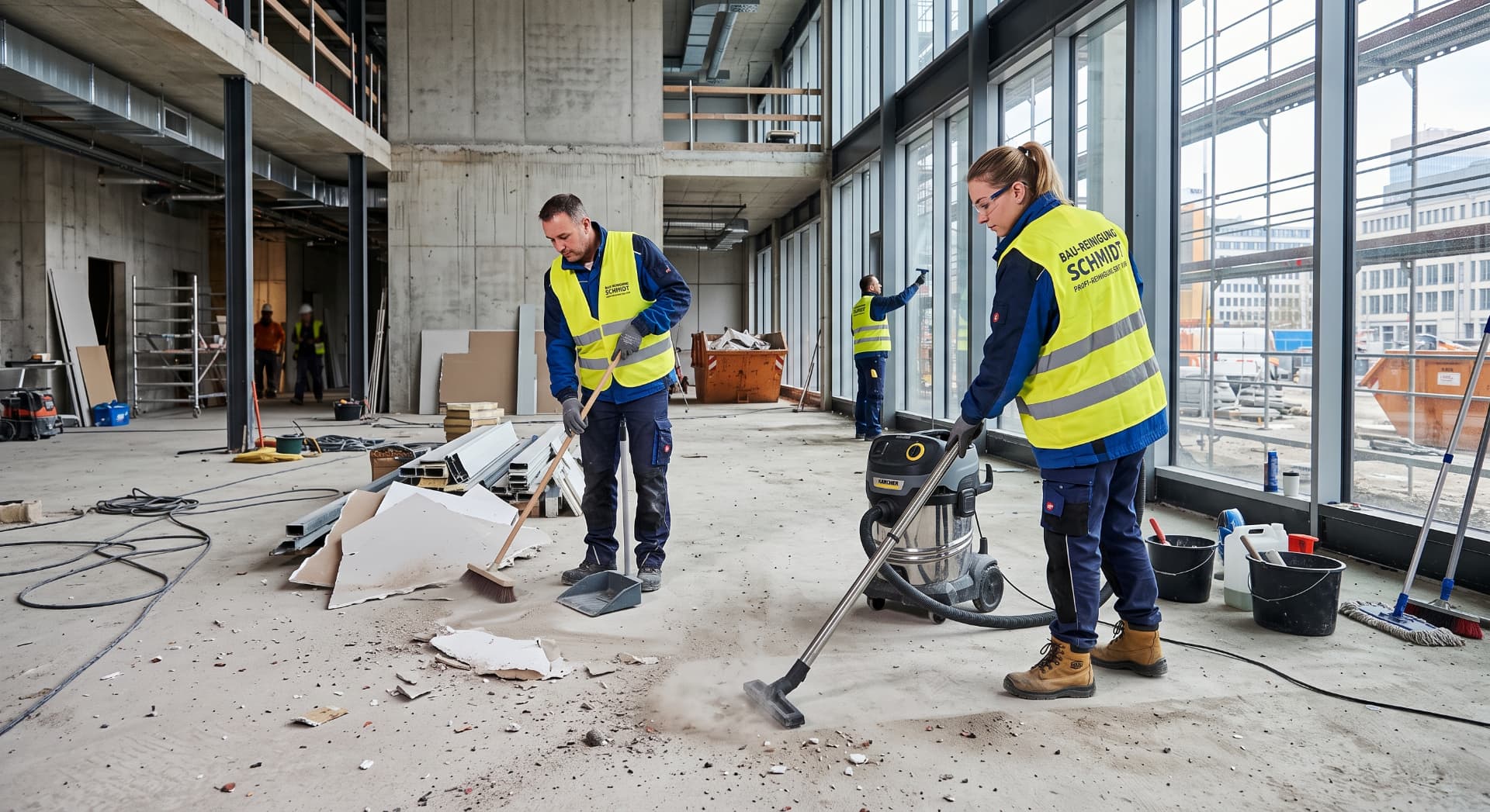 Reinigungsteam bei der Baustellen- und Baureinigung in einem Rohbau