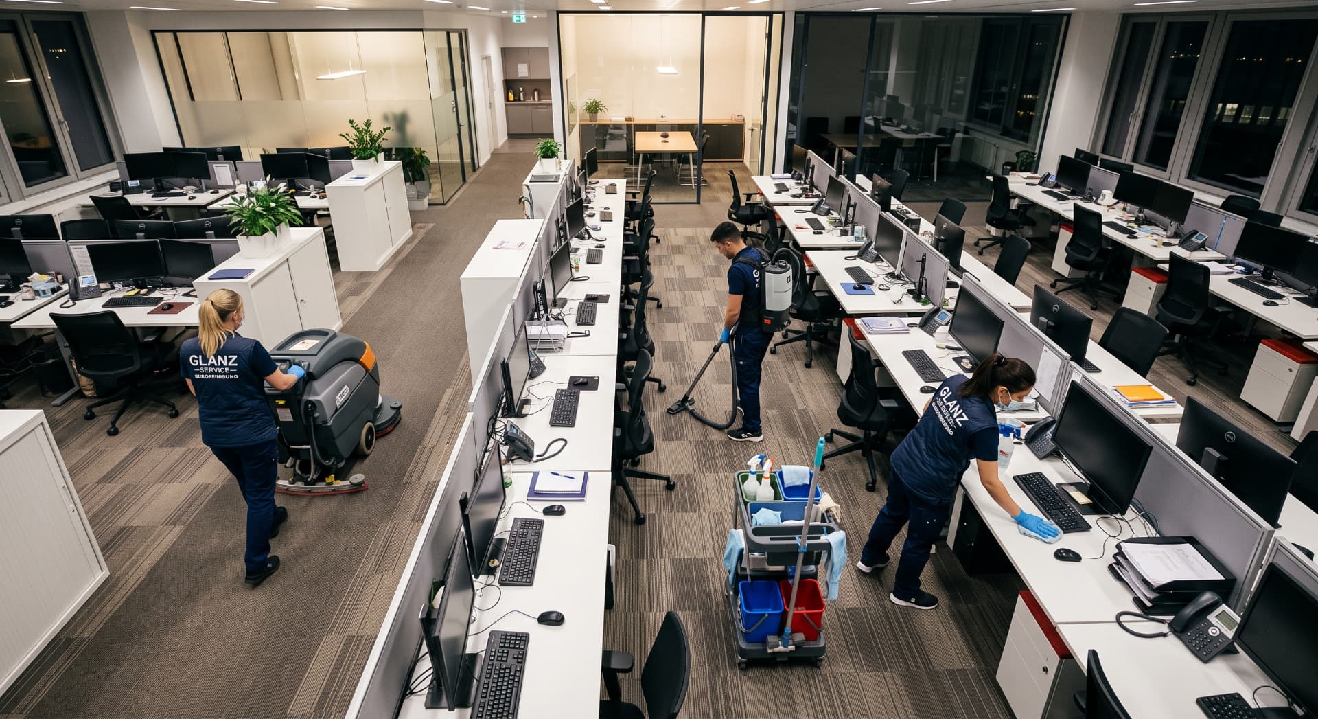 Reinigungsteam bei der professionellen Büroreinigung im Nacht-Einsatz