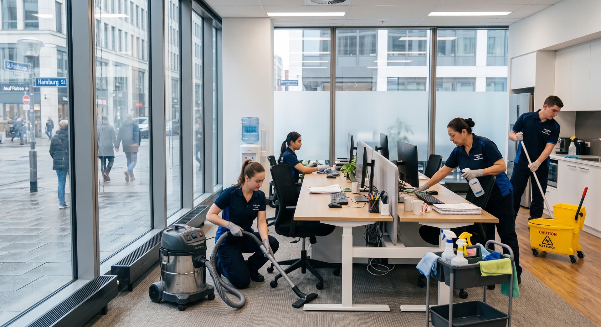 Professionelles Reinigungsteam bei der Fenster- und Büroreinigung in einem modernen Gewerbeobjekt